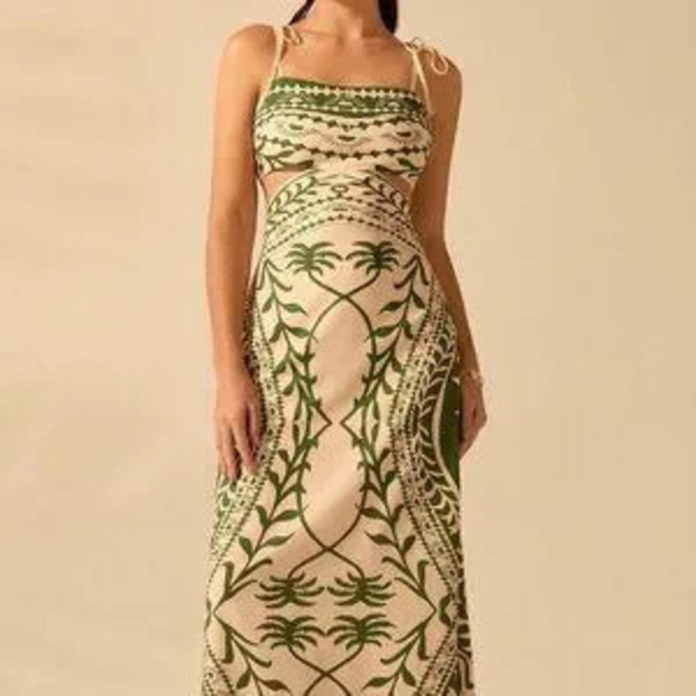 ZARA Green Boho Women's Coconut Print Hollow Waist Back Binding Sleeveless Dress